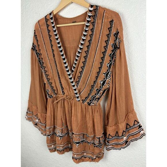 Free People Aztec Print Romper Size XS Brown Boho Festival Hippie Plunge Neck - Picture 6 of 12
